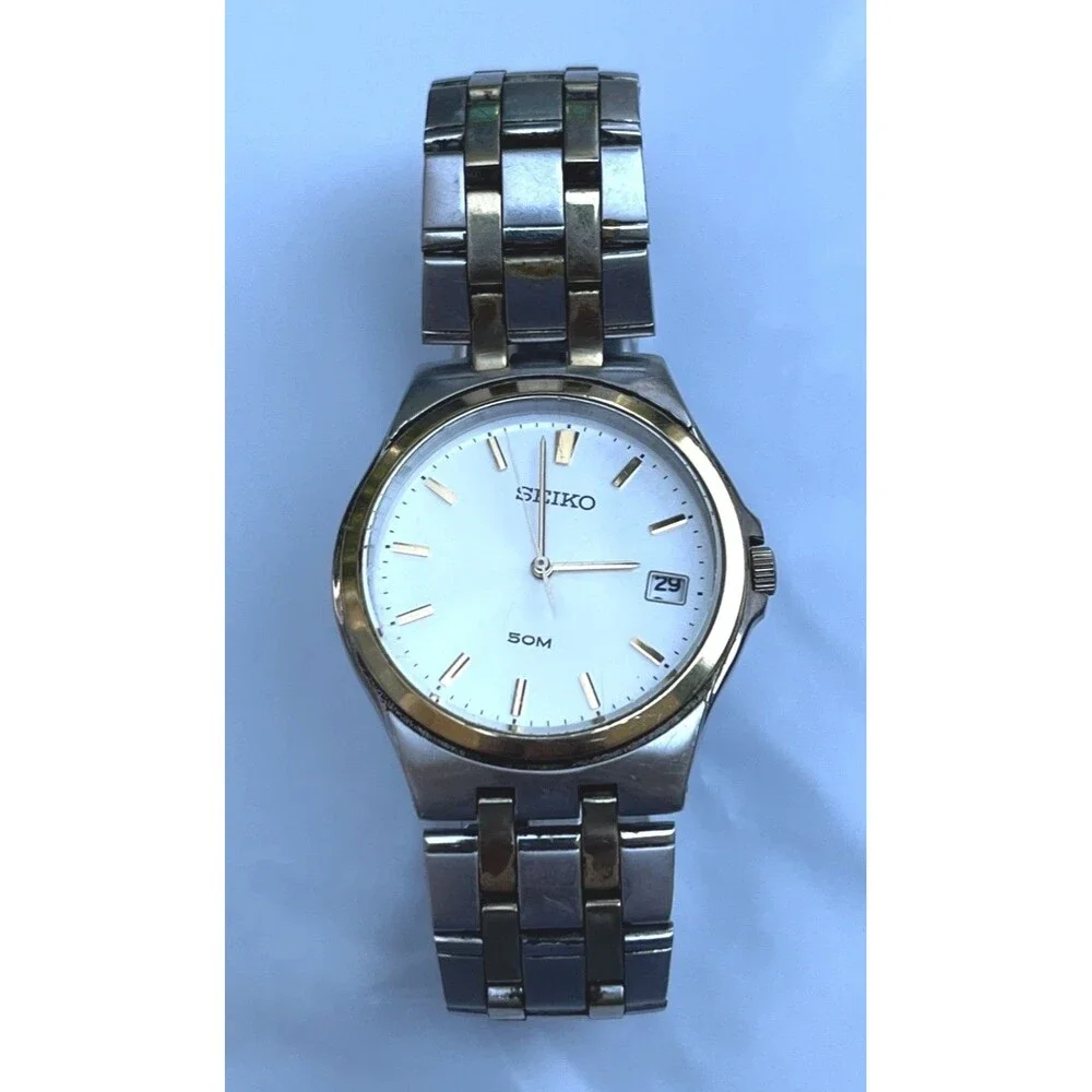 Seiko 7N42-0EW0 Mens Watch Quartz Two Tone Stainless Steel Date New Battery 50M